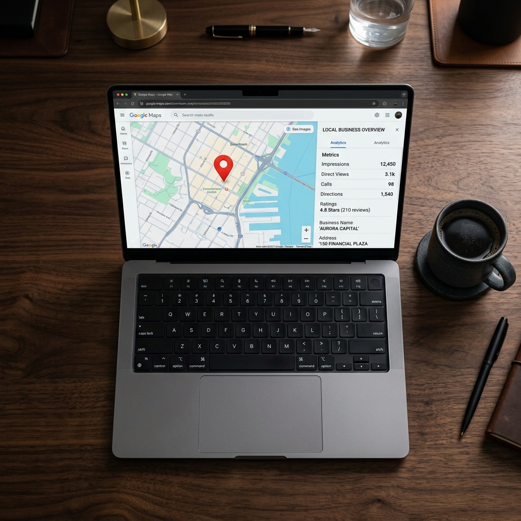 Persona configurando ficha optimizada de Google Maps Pack Local para negocio en portátil