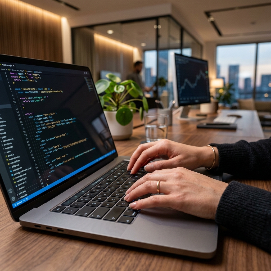 Desarrollador web profesional escribiendo código en portátil para servicio de actualización y mantenimiento web