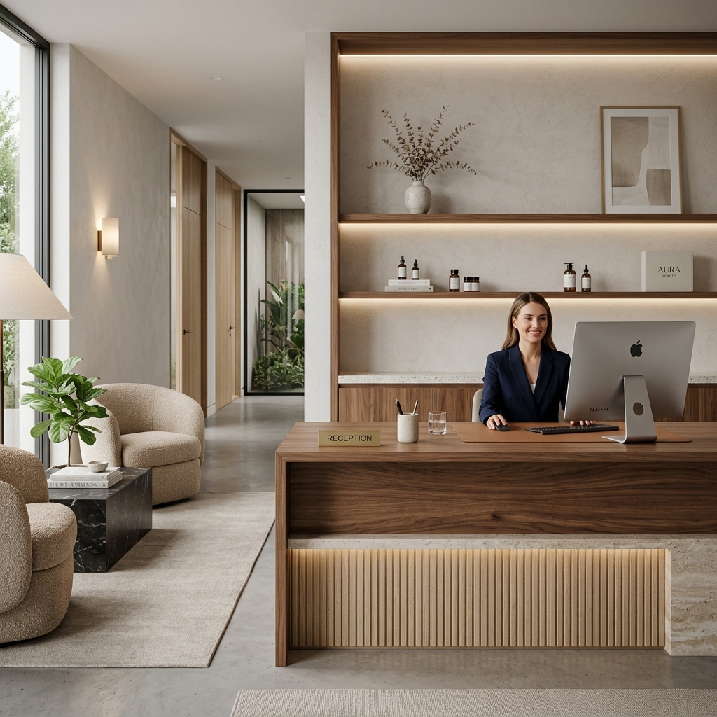 Recepcionista en mostrador elegante de clínica médica y fisioterapia gestionando citas online en Mac