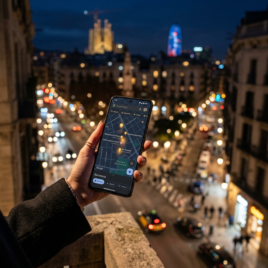 Usuario buscando negocios en Barcelona con SEO local en Google Maps en móvil de noche